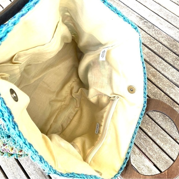 Chico's Straw Woven Multicolor Beach Tote Purse Lined Wood Handles - Picture 7 of 11